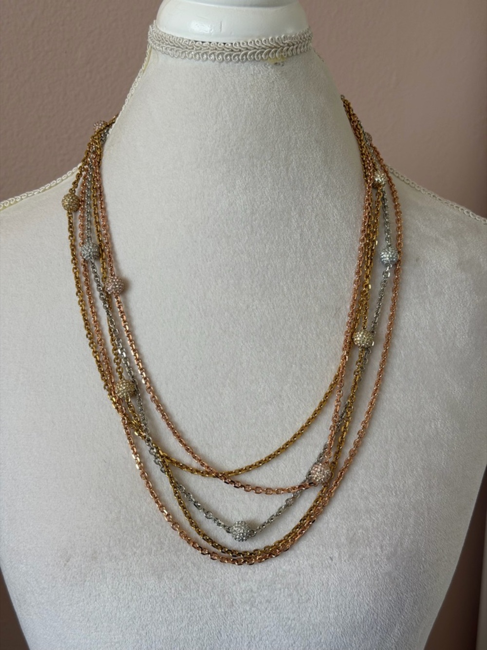 Michael Kors Tri-Tone Multi-Strand Pavé Crystal Station Necklace - Toggle Clasp